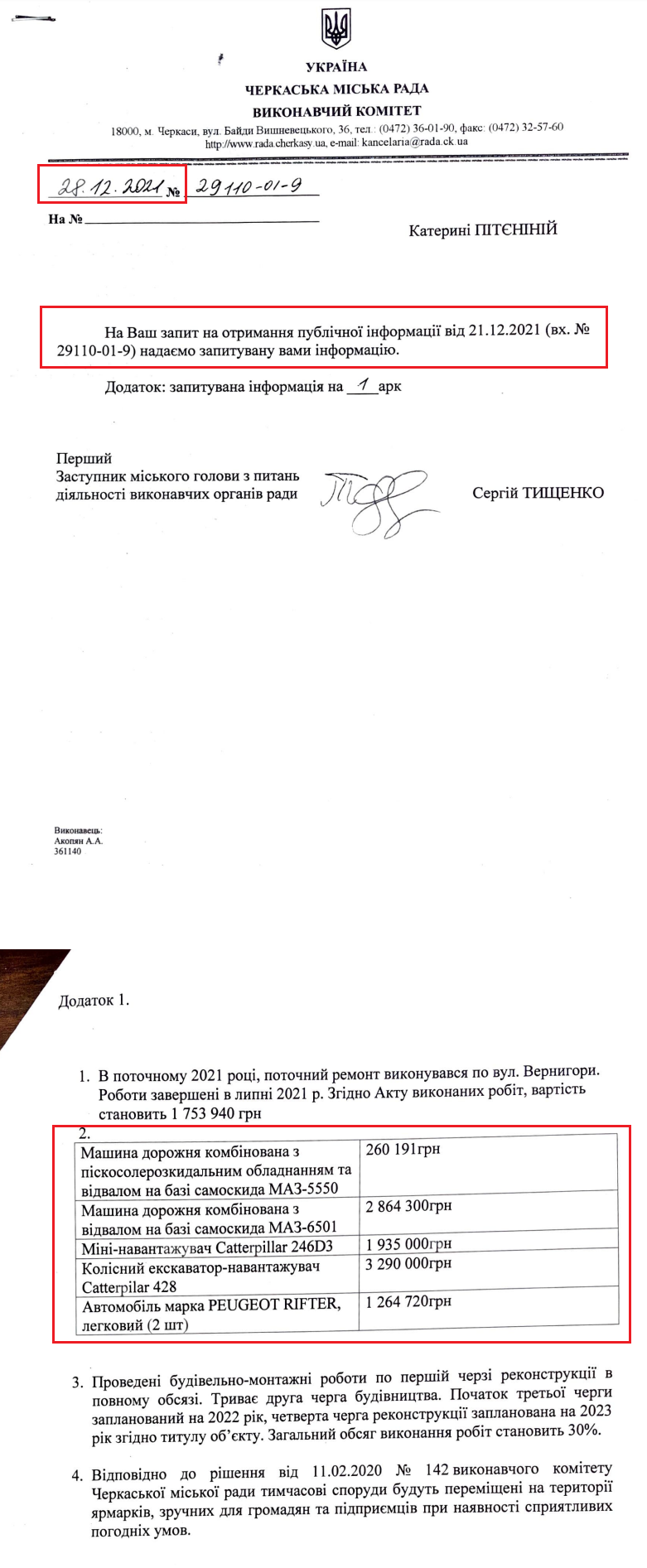 Лист Черкаської міської ради від 28 грудня 2021 року