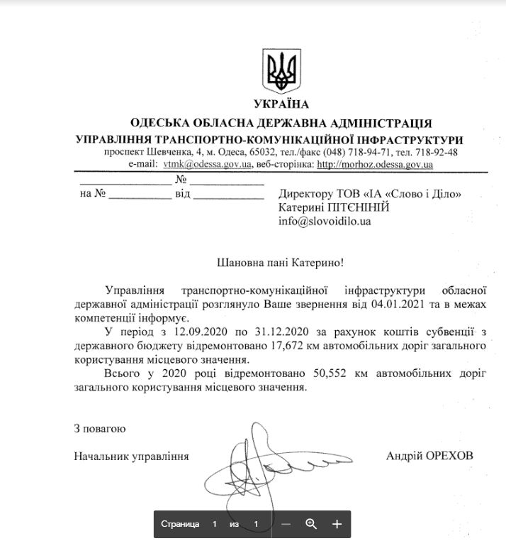 Лист Одеської ОДА від 12 січня 2021 року