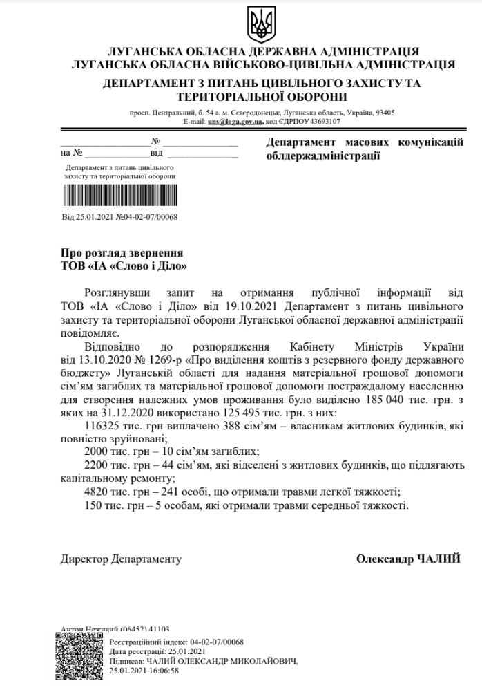 Лист Луганської ОДА від 25 січня 2021 року