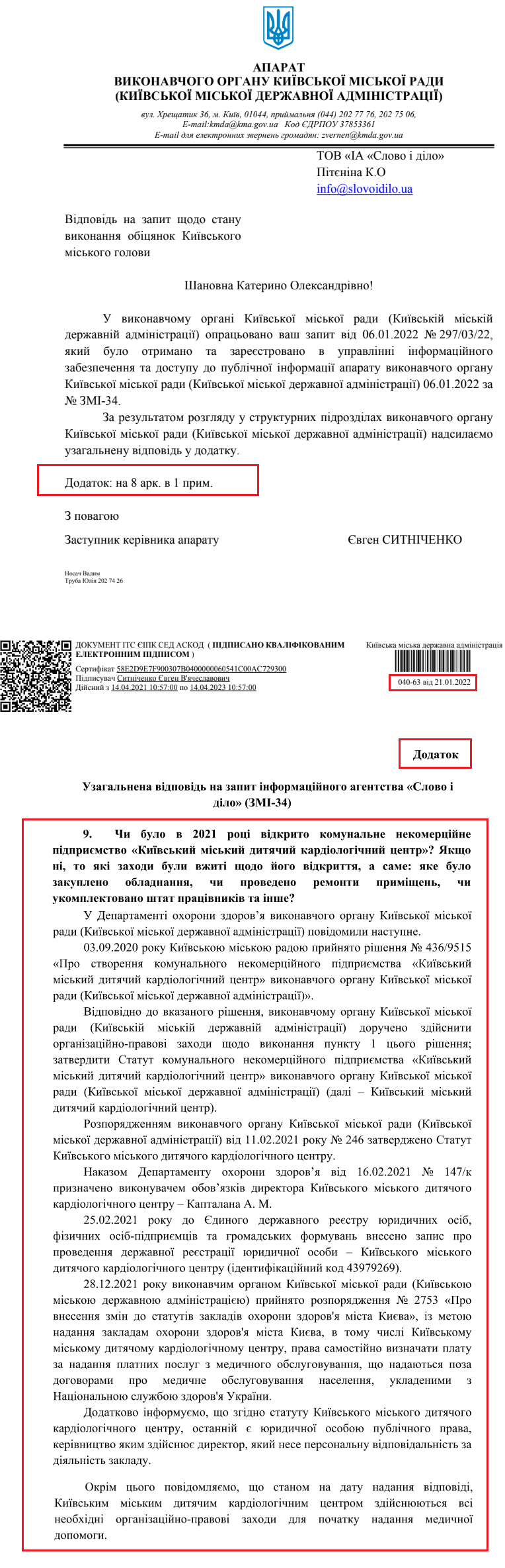 Лист Київської міської державної адміністрації від 21 січня 2022 року