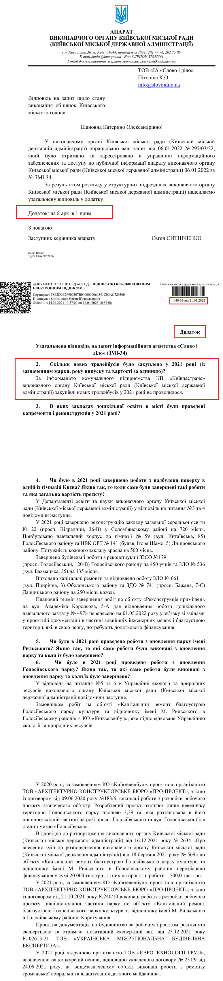 Лист Київської міської державної адміністрації від 21 січня 2022 року