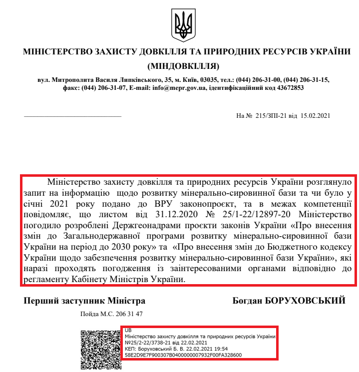 Лист Міністерства захисту довкілля та природних ресурсів України від 22 лютого 2021 року