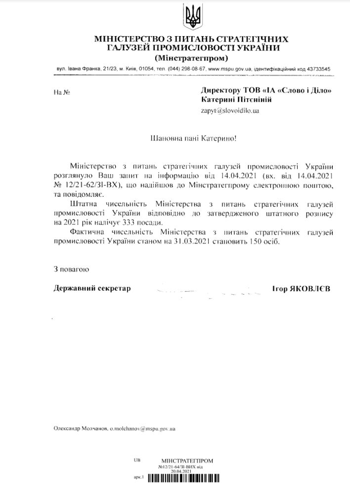 Лист Мінстратегпрому від 20 квітня 2021 року 