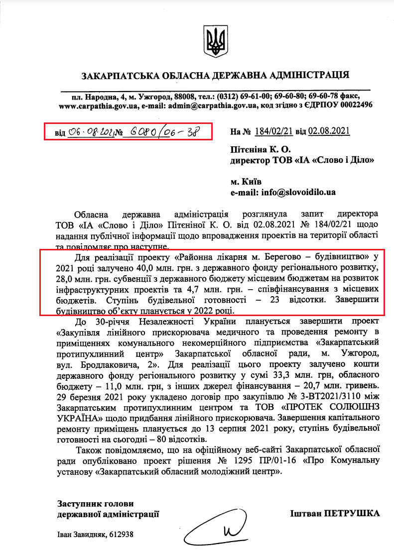 Лист Закарпатської ОДА від 6 серпня 2021 року