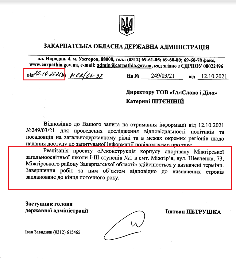 Лист Закарпатської ОДА від 20 жовтня 2021 року