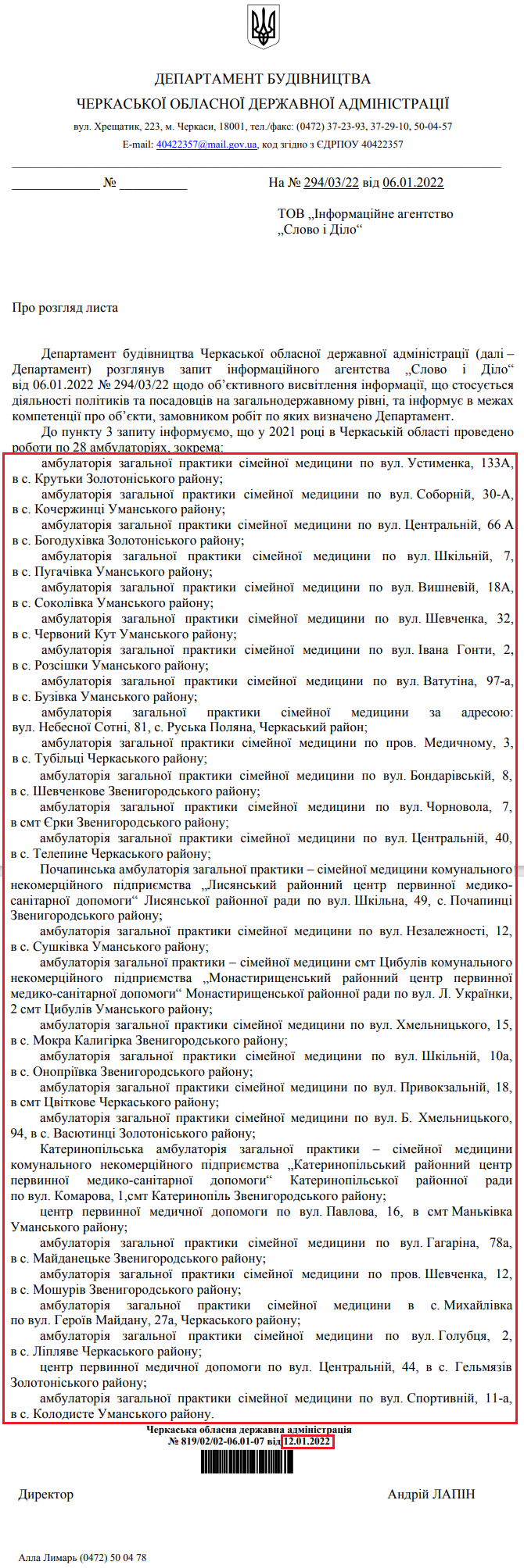 Лист Черкаської обласної державної адміністрації від 12 січня 2022 року