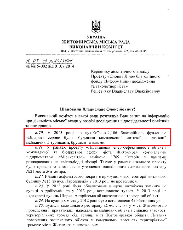 Лист Секретаря міської ради Л.В. Цимбалюк