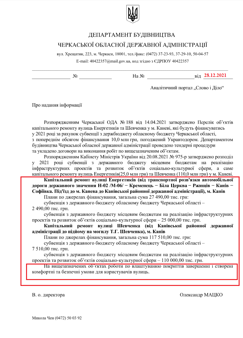 Лист Черкаської обласної державної адміністрації від 28 грудня 2021 року