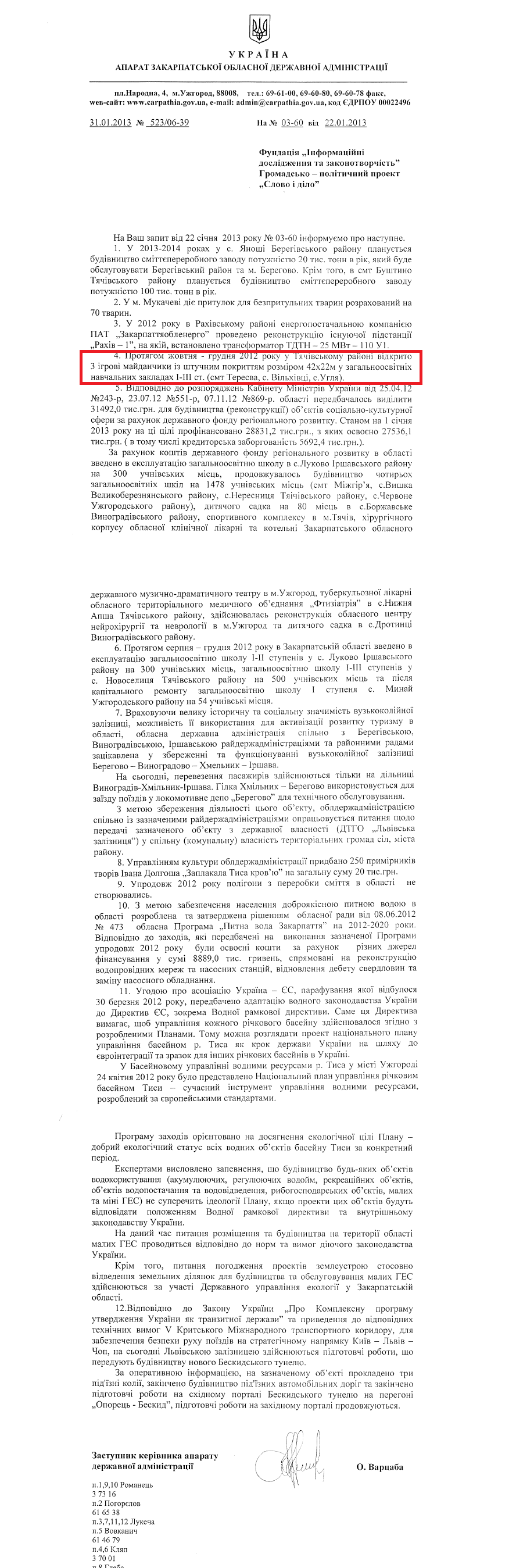 Лист заступника керівника апарату Закарпатської ОДА О.Варцаби