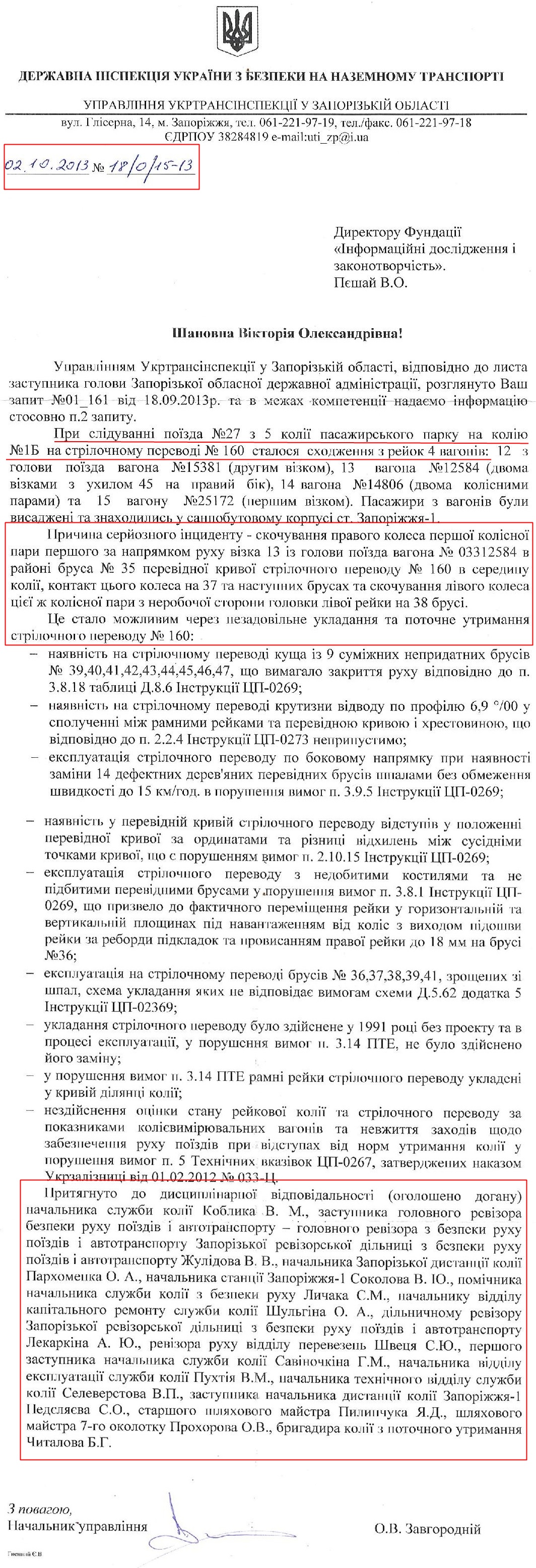 Лист Управління Укртрансінспекції у Запроізькій області від 2.10.2013