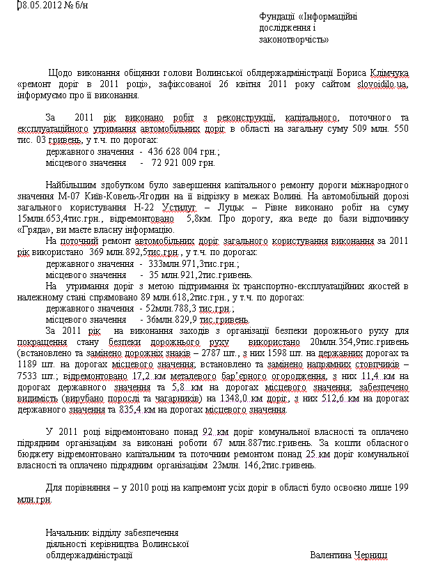 Лист від начальника відділу забезпечення діяльності керівництва Волинської облдержадміністрації Валентини Черниш