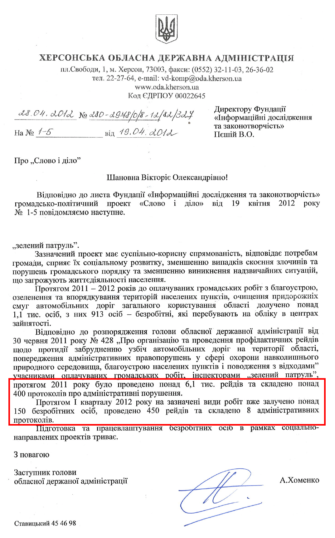 Відповідь Херсонської обласної державної адміністрації на запит організації