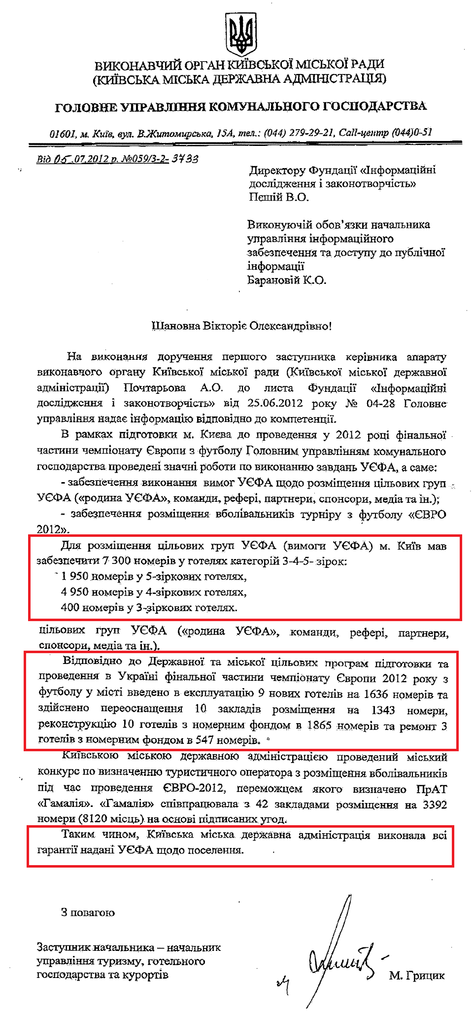 Лист Заступника начальника управління туризму, готельного господарства та курортів Грицика М.В.