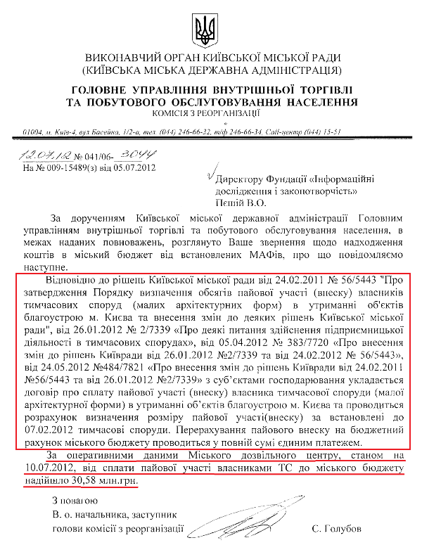 Лист В.о. начальника Головного управління внутрішньої торгівлі та побутового обслуговування населення КМДА Голубова С.М.