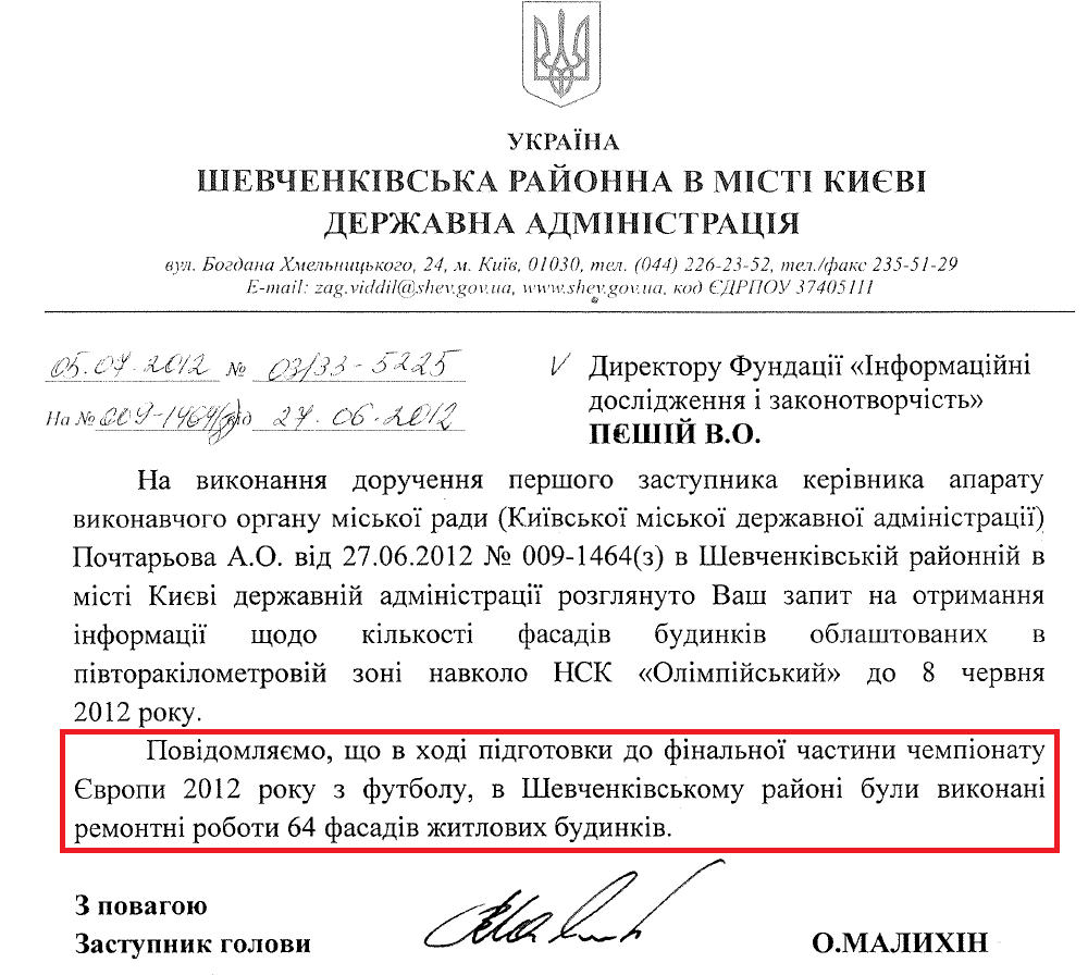 Лист Заступника голови Шевченківської районної в місті Києві державної адміністрації О. Малихіна