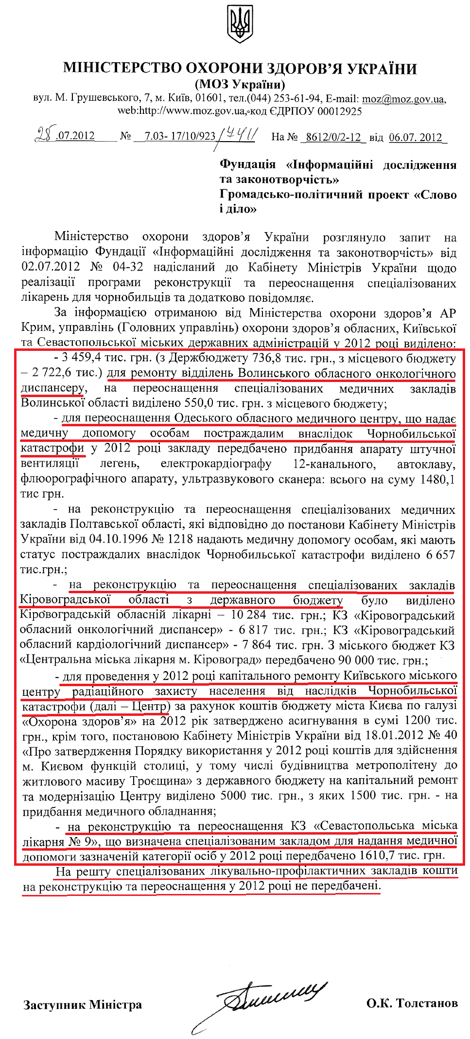 Лист Заступника міністра охорони здоров'я О.К. Толстанова від 25 липня 2012 року