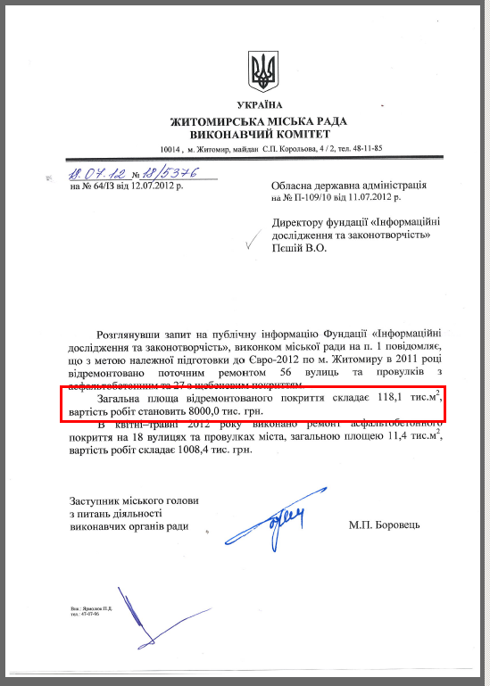 Лист заступника міського голови з питань діяльності виконавчих органів ради М.П.Боровця