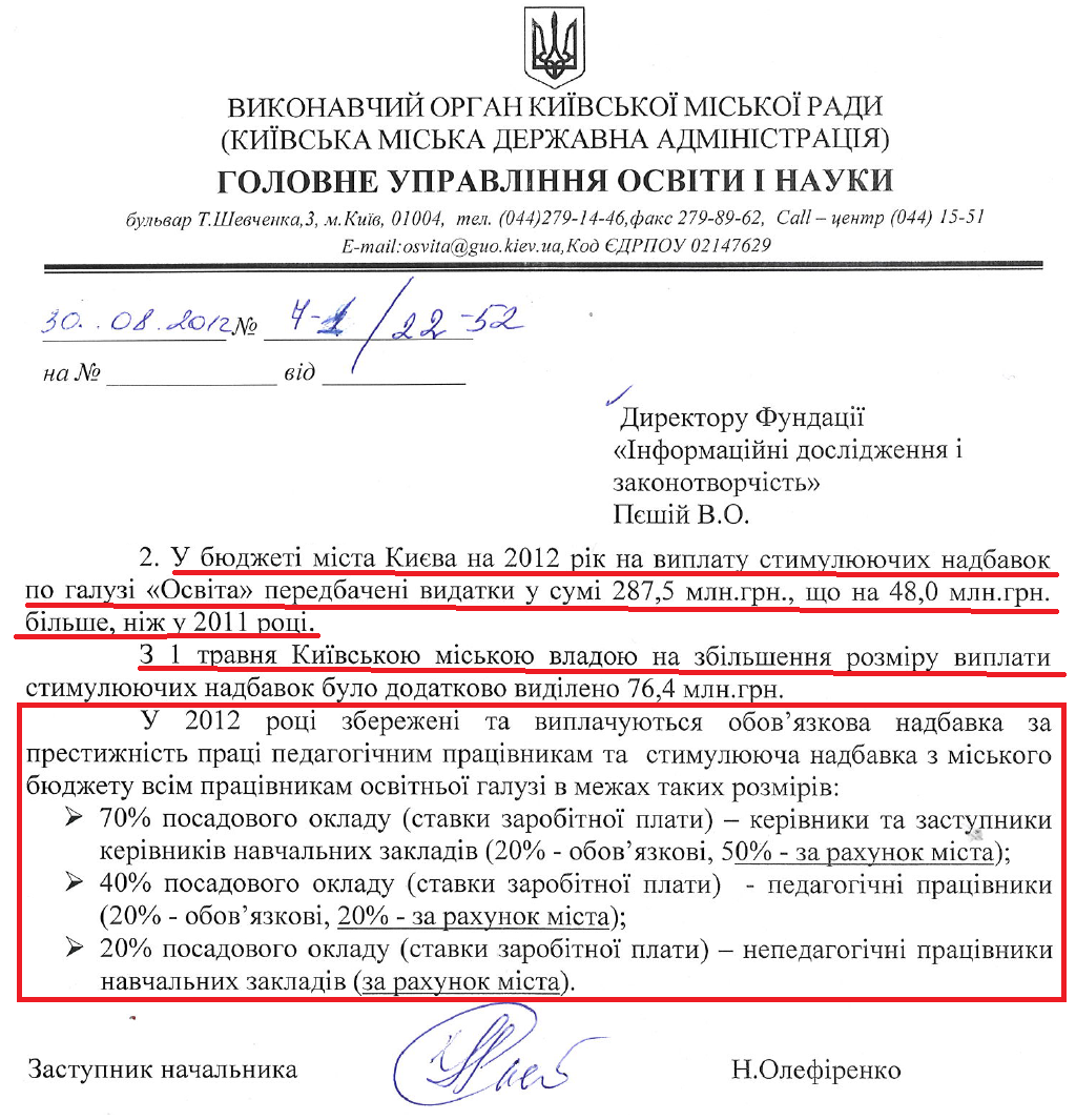 Лист Заступника начальника Головного управління освіти і науки КМДА Н. Олефіренко від 30 серпня 2012 року