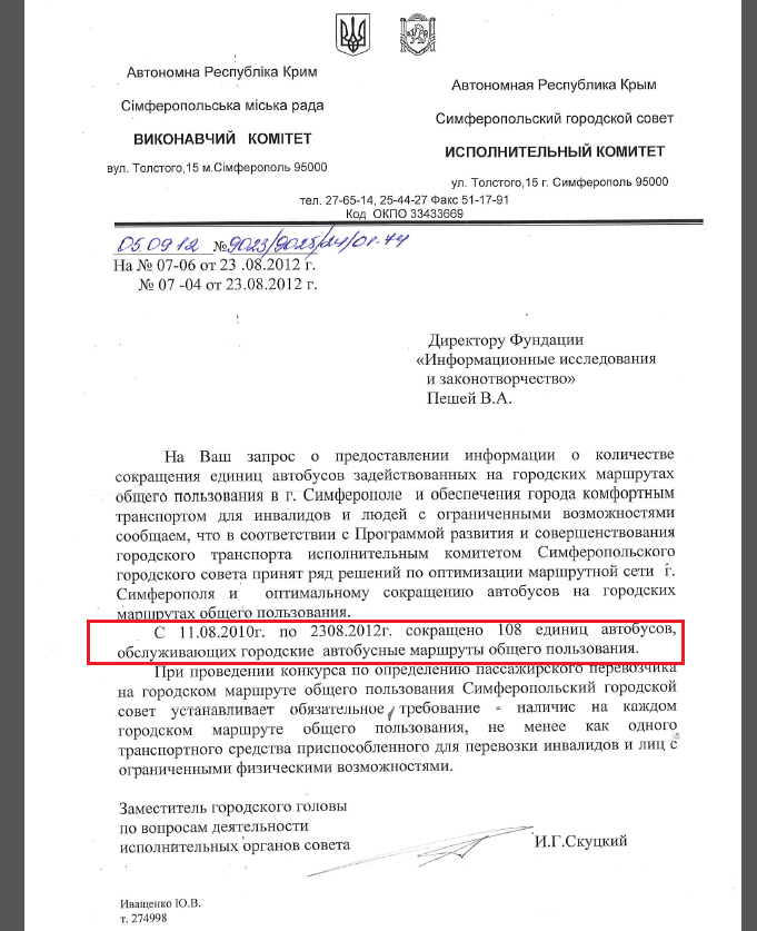 Лист заступника міського голови Симферополя І.Г.Скуцького від 5 вересня 2012 року