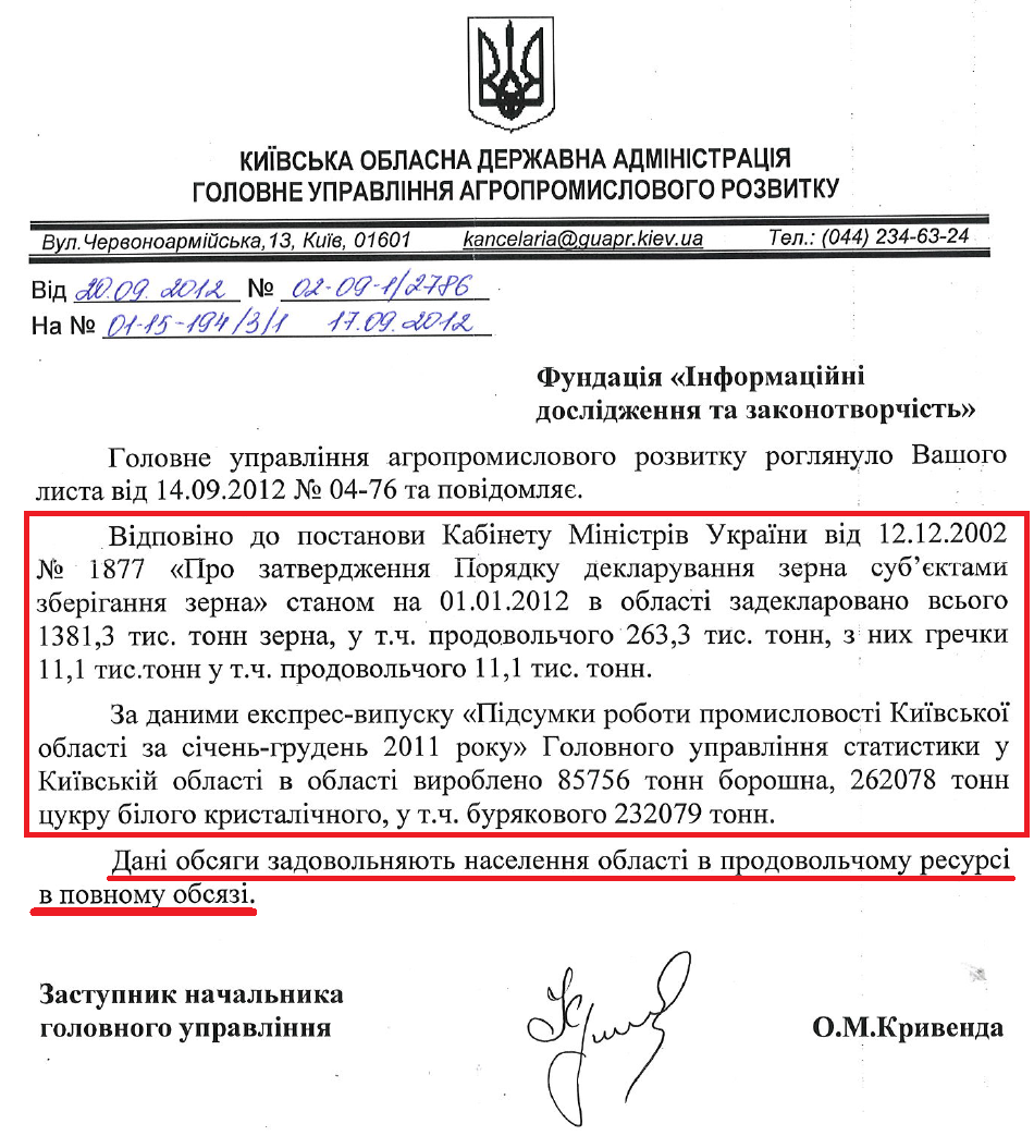 Лист Заступника начальника Головного управління агропромислового розвитку Київської ОДА О.М.Кривенди від 20 вересня 2012 року