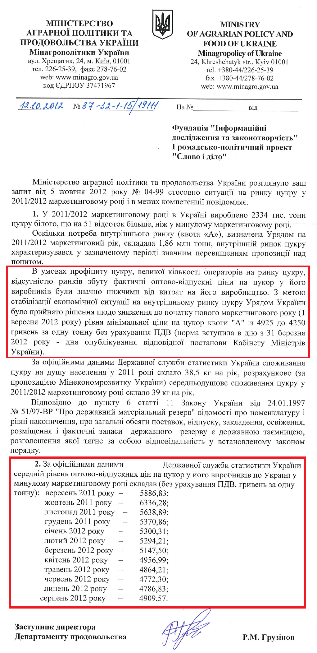 Лист Заступника директора Департаменту проводовольства Мінагропроду Р.М.Грузінова від 12 жовтня 2012 року