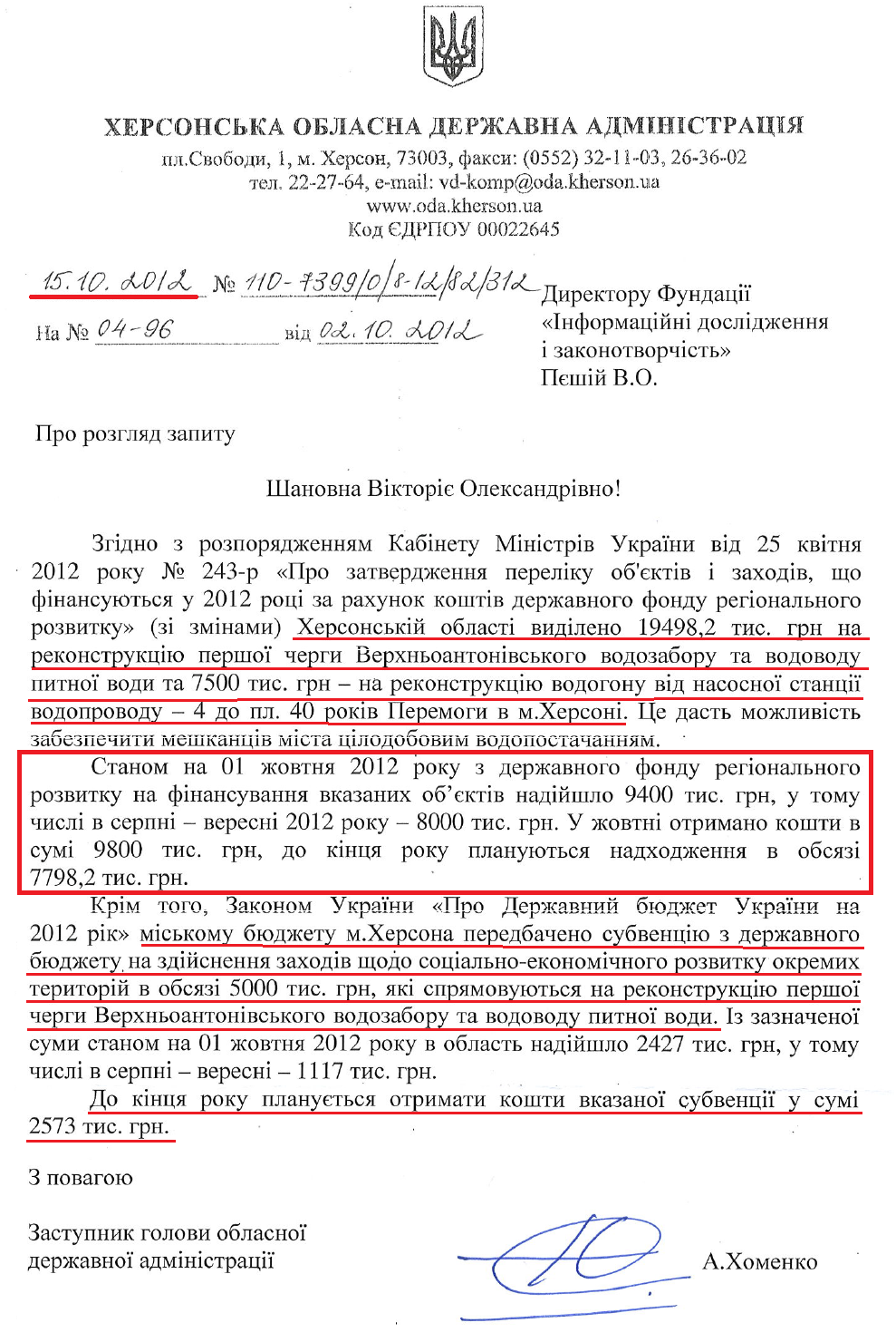 Лист Заступника голови Херсонської ОДА А.Хоменка від 15 жовтня 2012 року